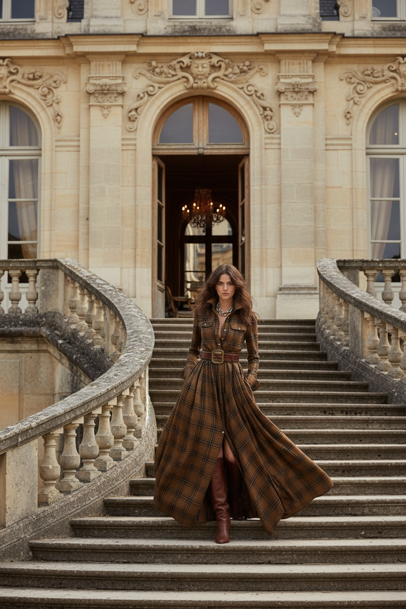 French Vintage Plaid Women Dress