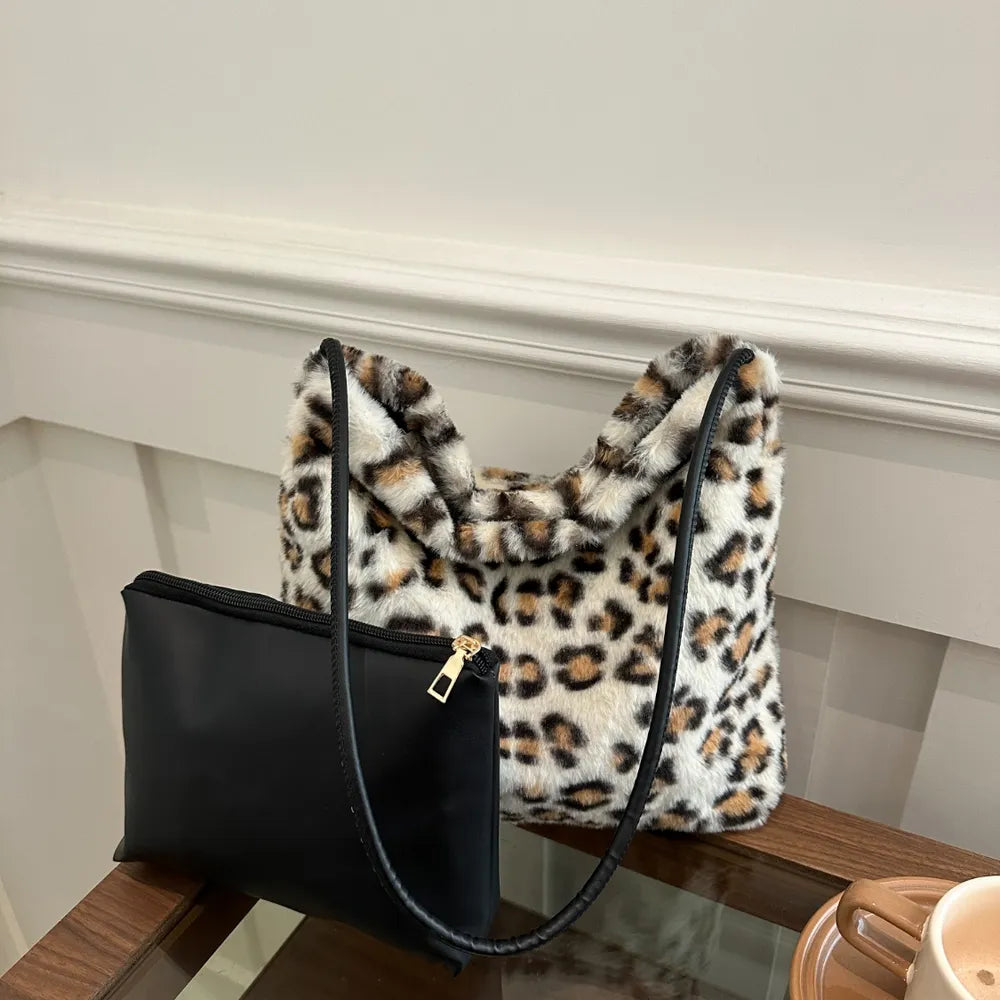 Leopard Print Plush Shoulder Bag