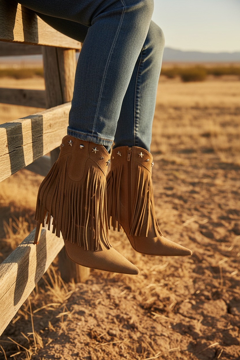 Women's Fringe & Star Stud Stiletto Ankle Boots — Western-Inspired Suede