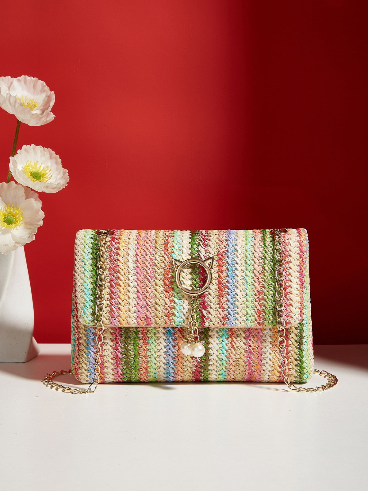 Straw Mini Shoulder Bag with Magnetic Closure