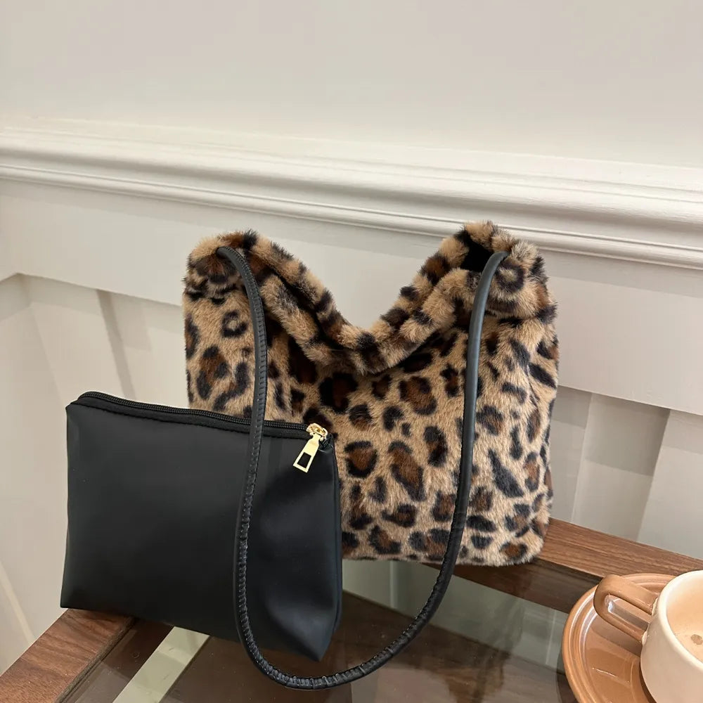 Leopard Print Plush Shoulder Bag