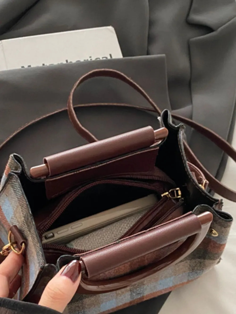 Plaid-Detail Trapeze Crossbody Bag