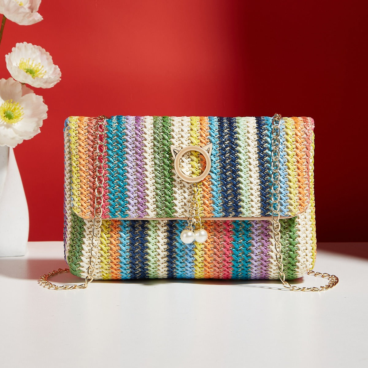 Straw Mini Shoulder Bag with Magnetic Closure
