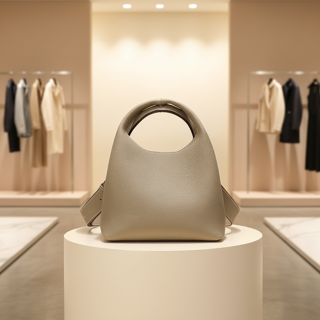 Women's Luxury Pebbled Genuine Cowhide Leather Bucket Bag — Round Handle, Crossbody Strap