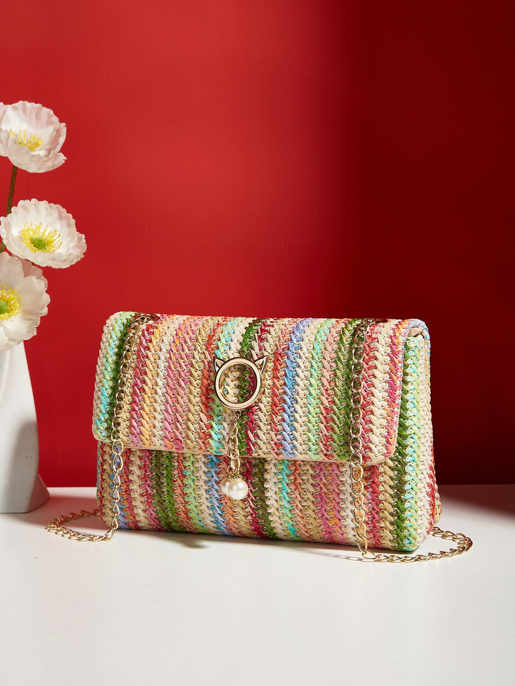 Straw Mini Shoulder Bag with Magnetic Closure