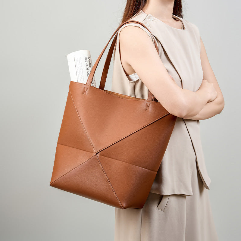 Genuine Leather Geometric Bucket Bag