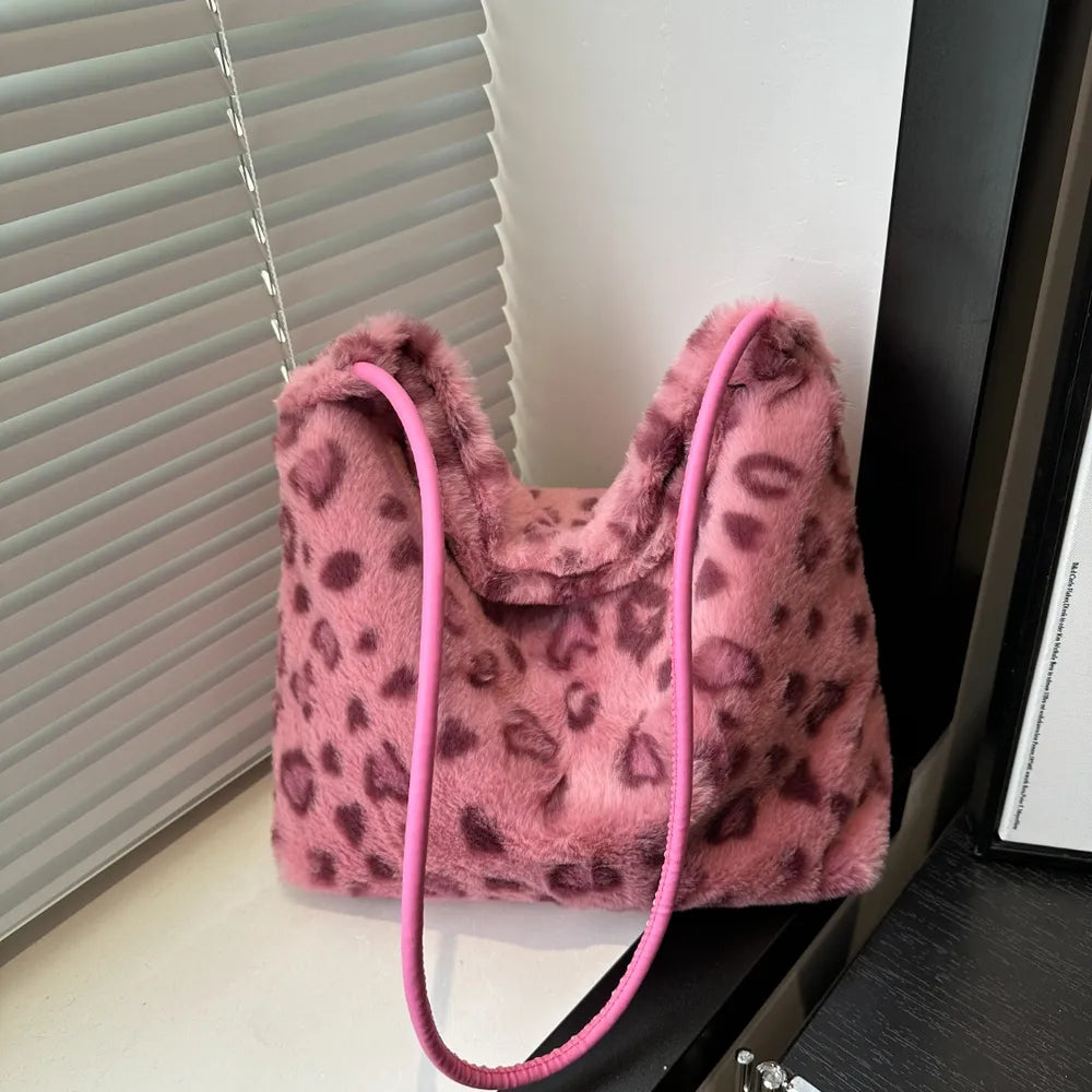 Leopard Print Plush Shoulder Bag