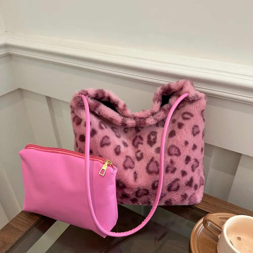 Leopard Print Plush Shoulder Bag