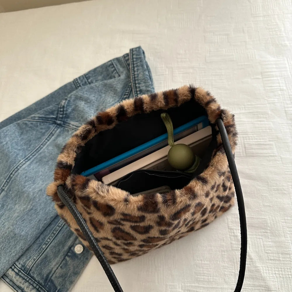 Leopard Print Plush Shoulder Bag
