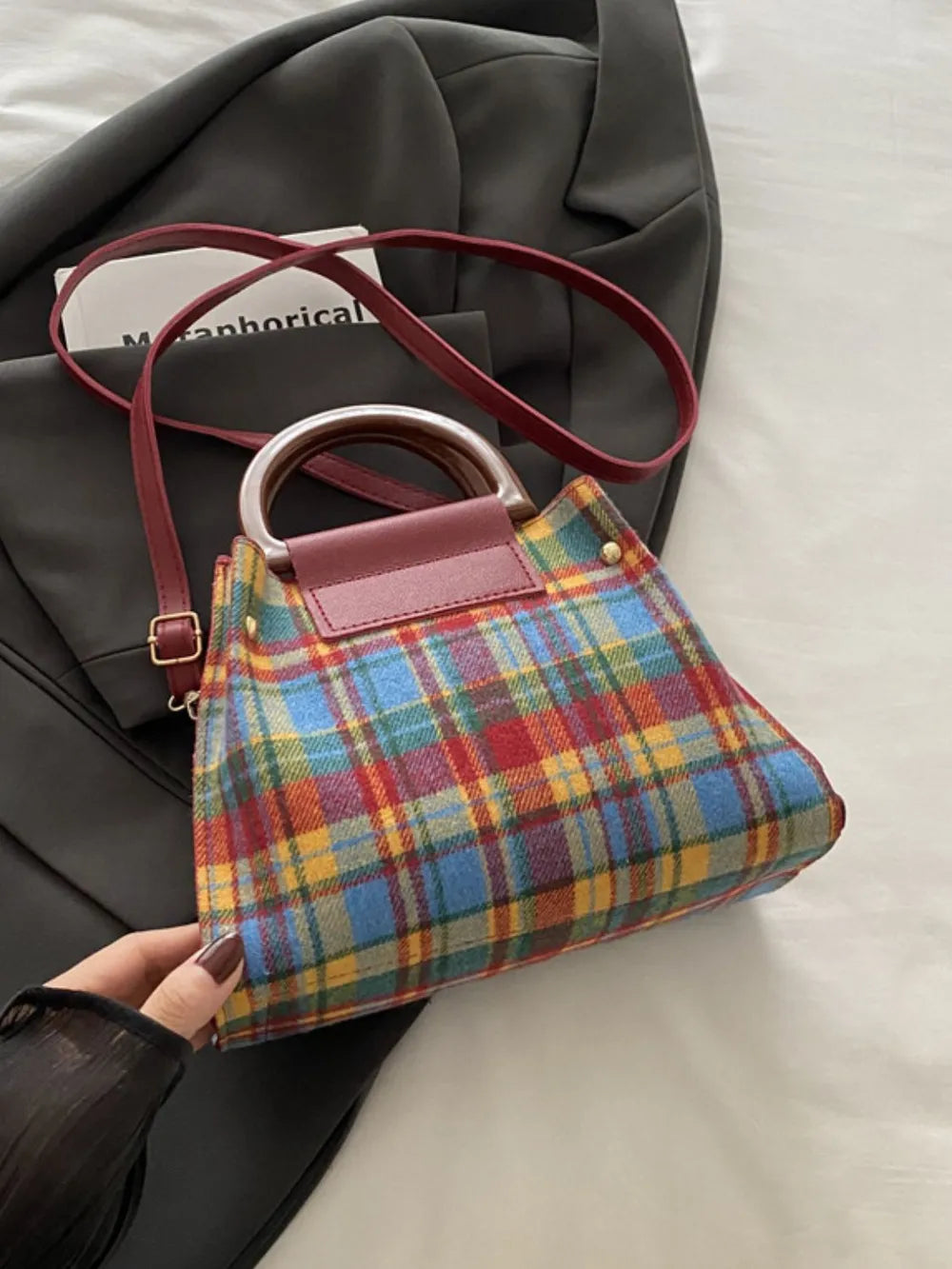 Plaid-Detail Trapeze Crossbody Bag