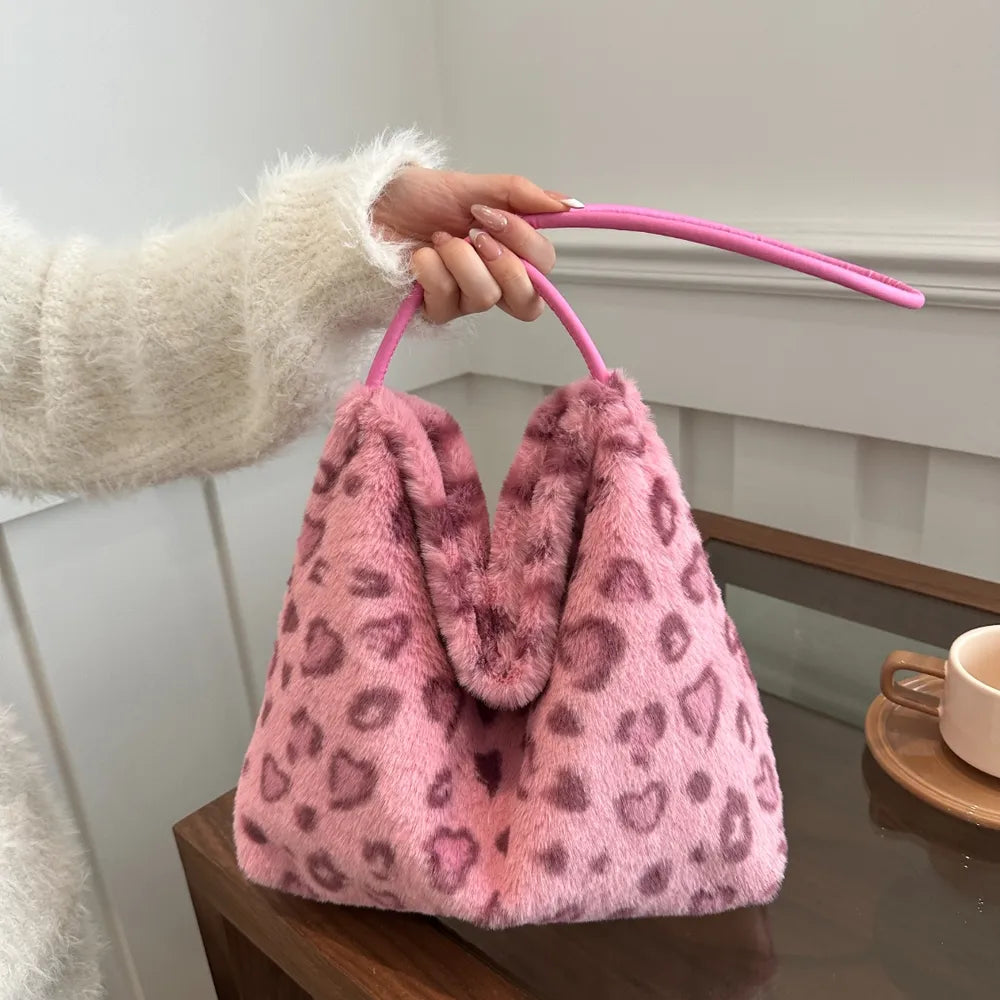 Leopard Print Plush Shoulder Bag