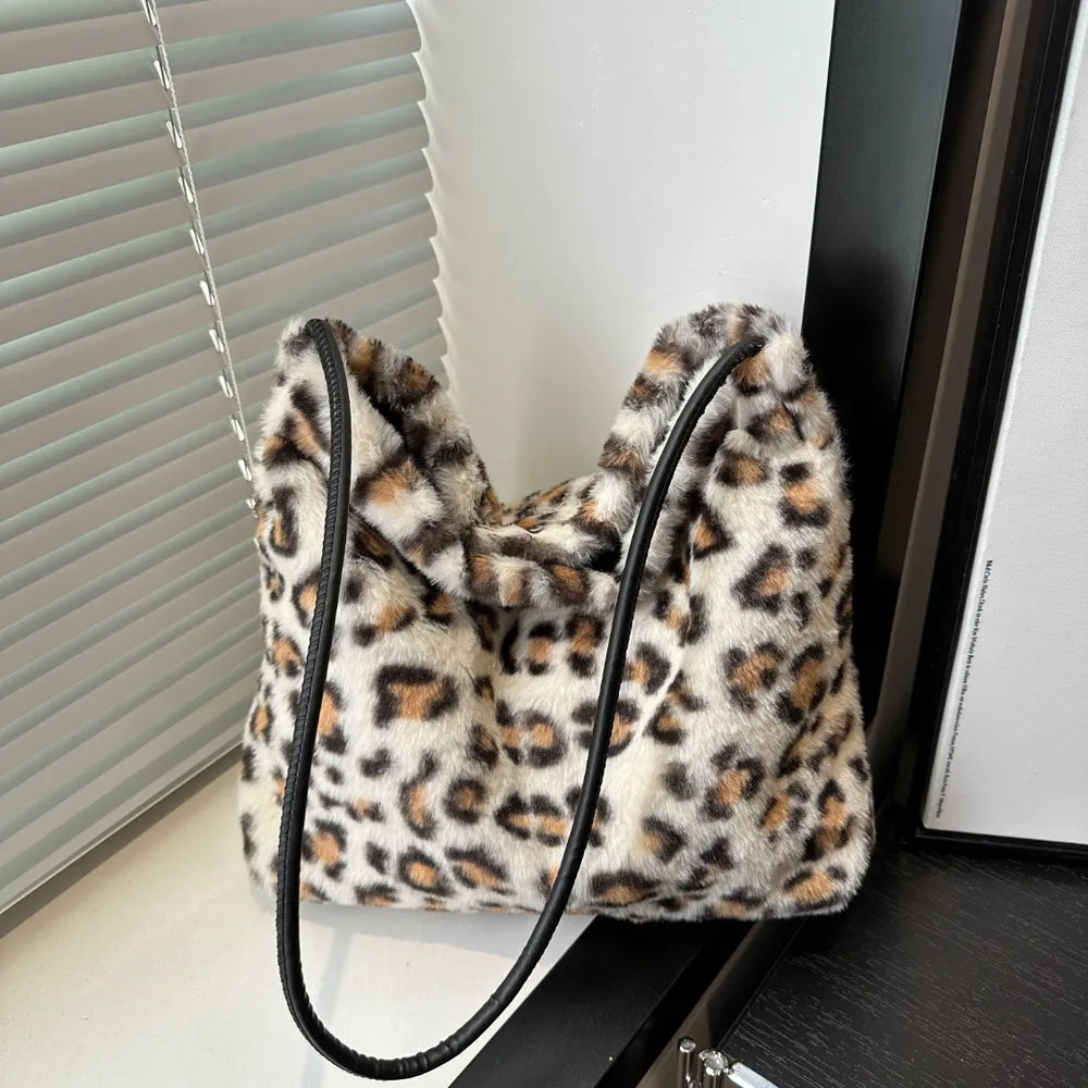 Leopard Print Plush Shoulder Bag