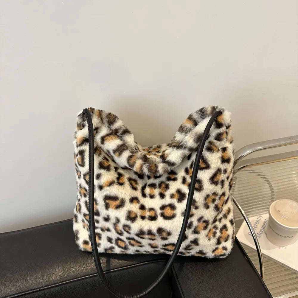Leopard Print Plush Shoulder Bag