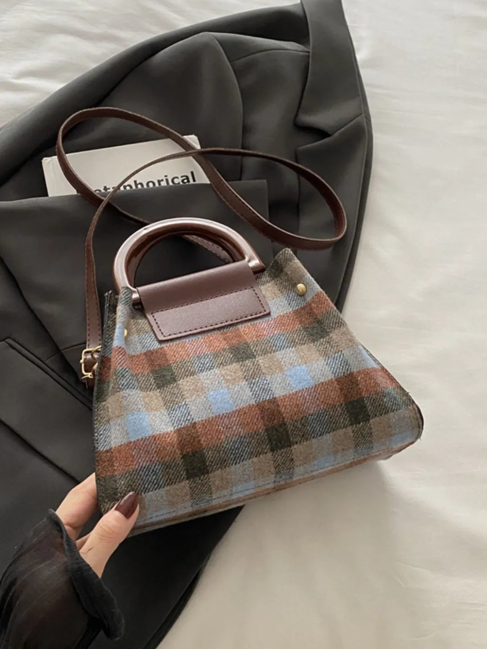Plaid-Detail Trapeze Crossbody Bag