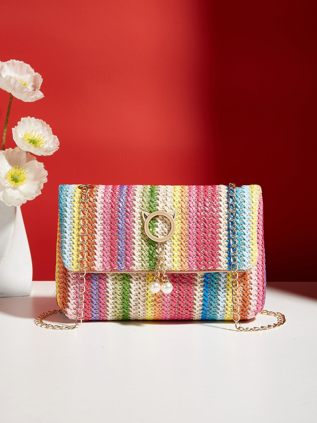 Straw Mini Shoulder Bag with Magnetic Closure