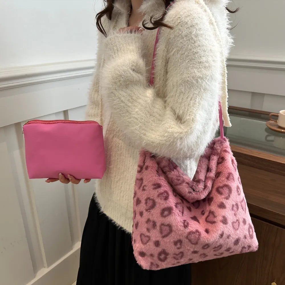 Leopard Print Plush Shoulder Bag