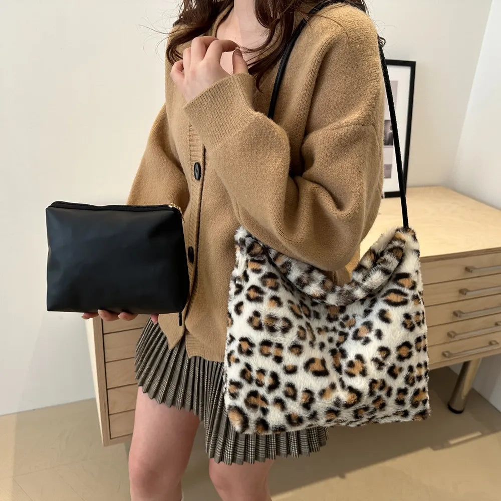 Leopard Print Plush Shoulder Bag