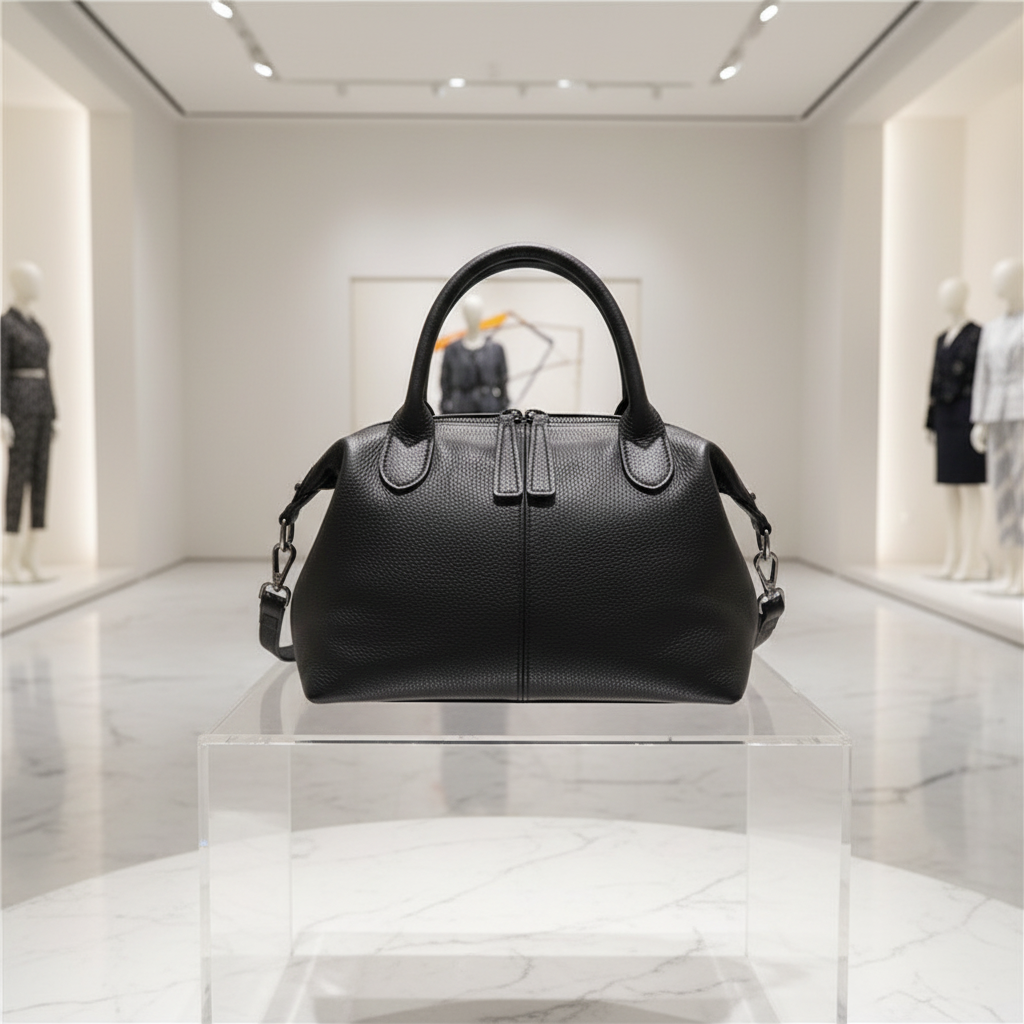 Women's Luxury Pebbled Genuine Leather Boston Bag — Dual Handles, Crossbody Strap
