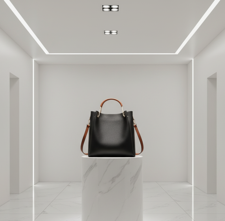 Women's Luxury Bucket Bag — Contrast Handle, Crossbody Strap