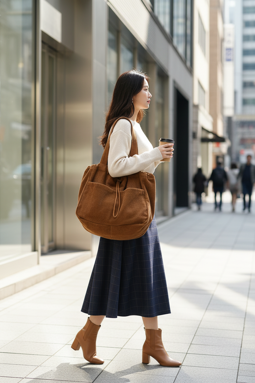 Corduroy Drawstring Shoulder Bag — Multi-Pocket Hobo in 6 Colors