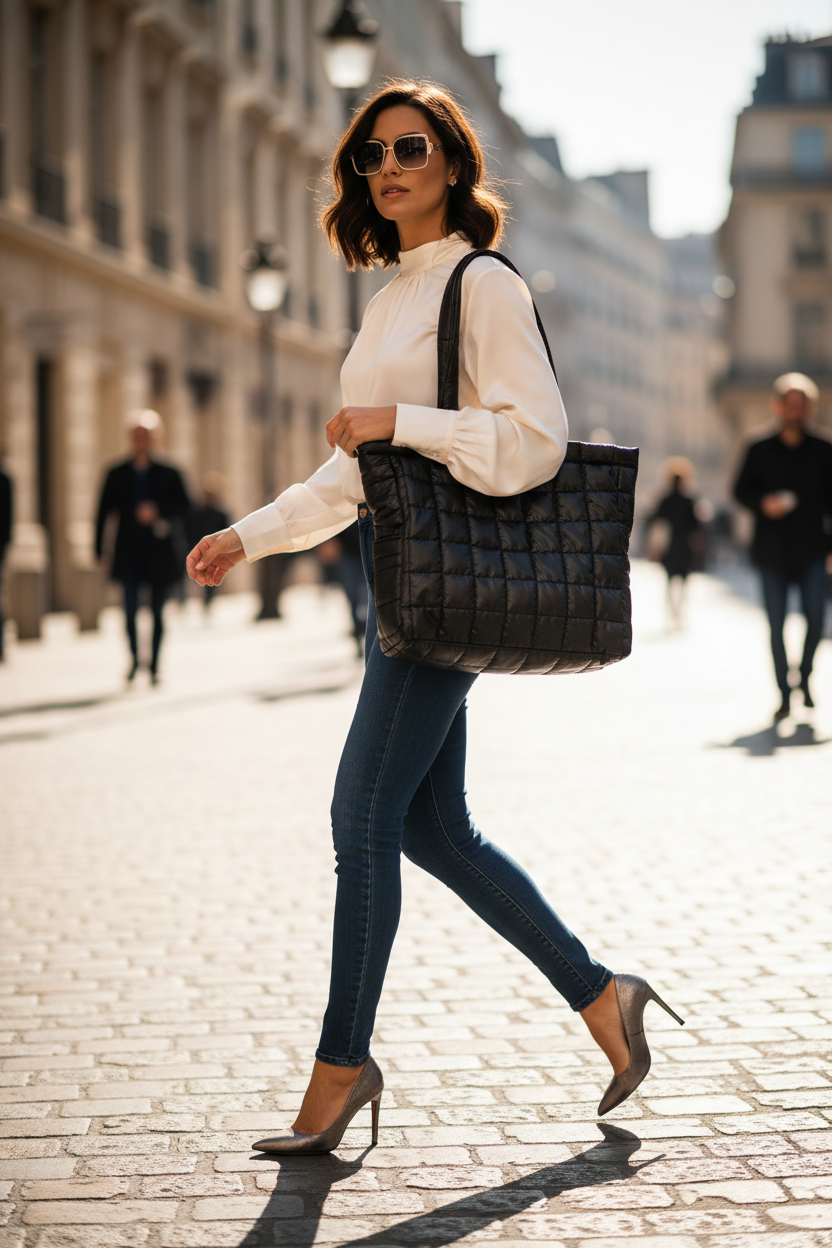 Quilted Shoulder Bag — Large Bucket Bag in Black, Brown & Silver