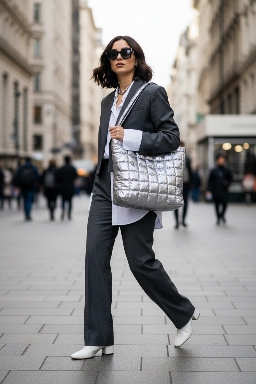 Quilted Shoulder Bag — Large Bucket Bag in Black, Brown & Silver